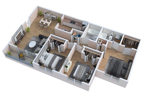 3d floor plan of a home with a bedroom and a living room